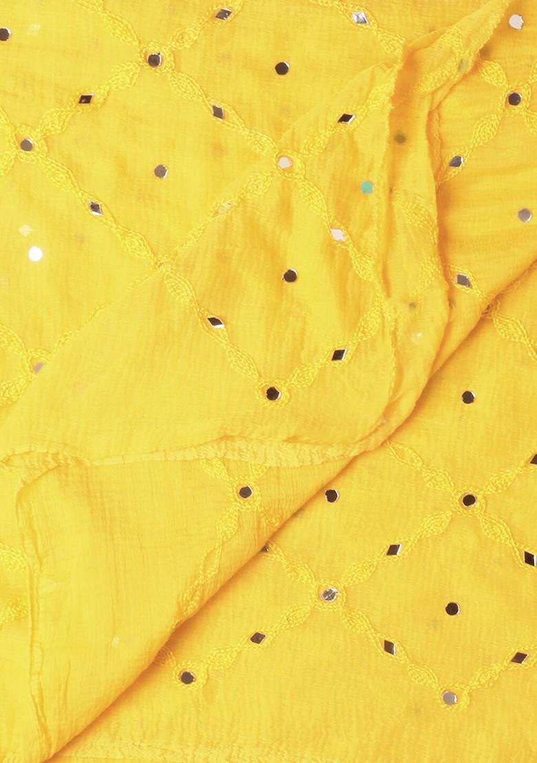 Yellow And White Ethnic Motifs Embroidered Dupatta With Mirror Work