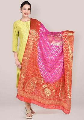 Red And Gold Toned Ethnic Motifs Woven Design Pure Silk Dupatta With Zari