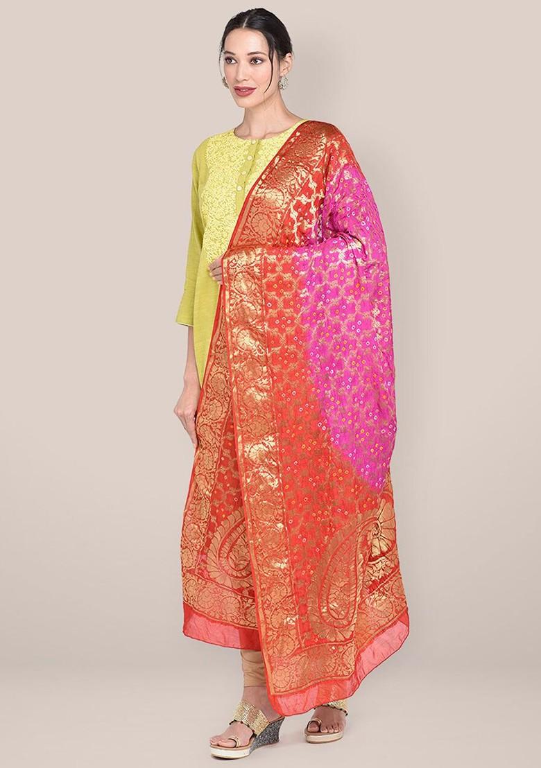 Red And Gold Toned Ethnic Motifs Woven Design Pure Silk Dupatta With Zari
