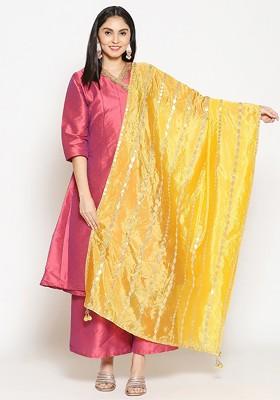 Yellow And Silver Toned Ethnic Motifs Embroidered Dupatta With Gotta Patti