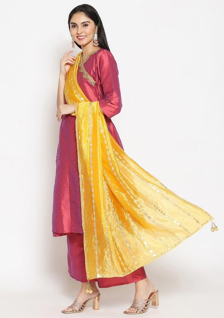 Yellow And Silver Toned Ethnic Motifs Embroidered Dupatta With Gotta Patti
