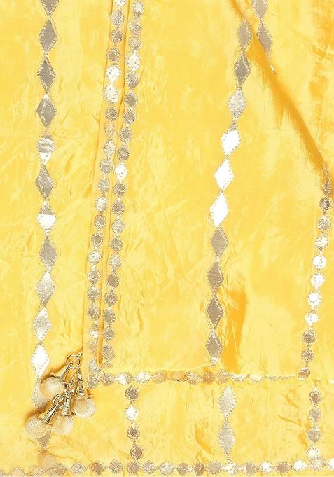 Yellow And Silver Toned Ethnic Motifs Embroidered Dupatta With Gotta Patti