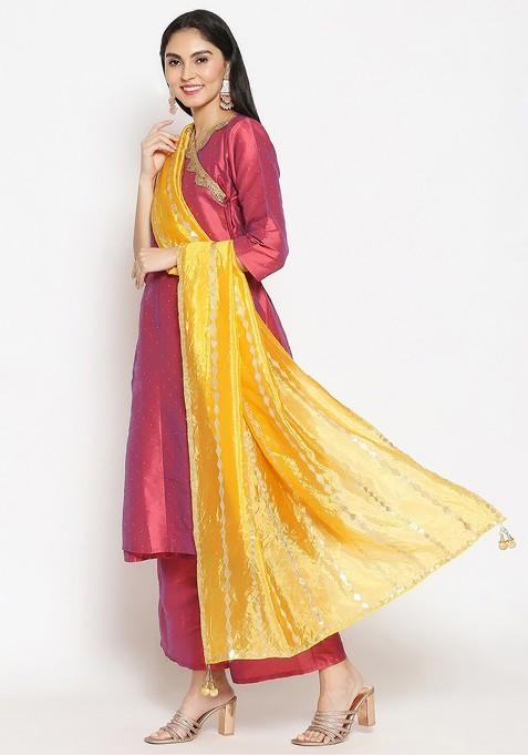 Yellow And Silver Toned Ethnic Motifs Embroidered Dupatta With Gotta Patti