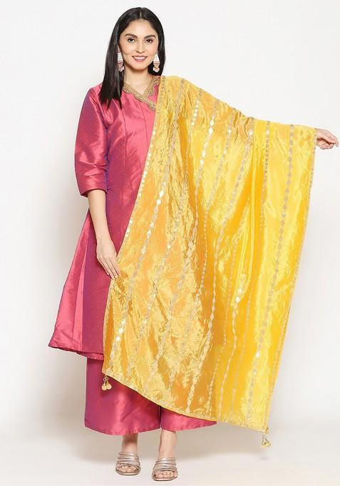 Yellow And Silver Toned Ethnic Motifs Embroidered Dupatta With Gotta Patti