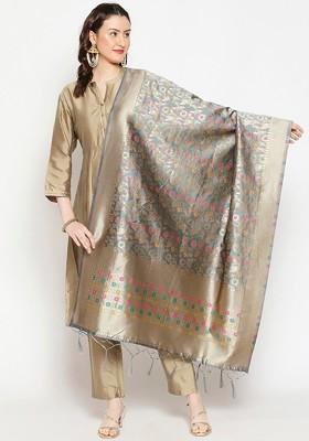 Grey And Gold Toned Woven Design Dupatta With Zari