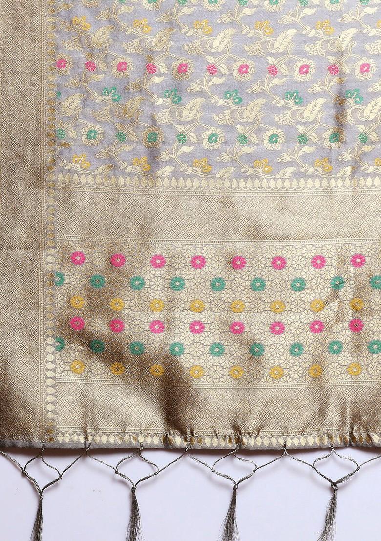 Grey And Gold Toned Woven Design Dupatta With Zari
