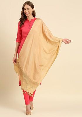 Gold Toned And Beige Woven Design Cotton Silk Dupatta
