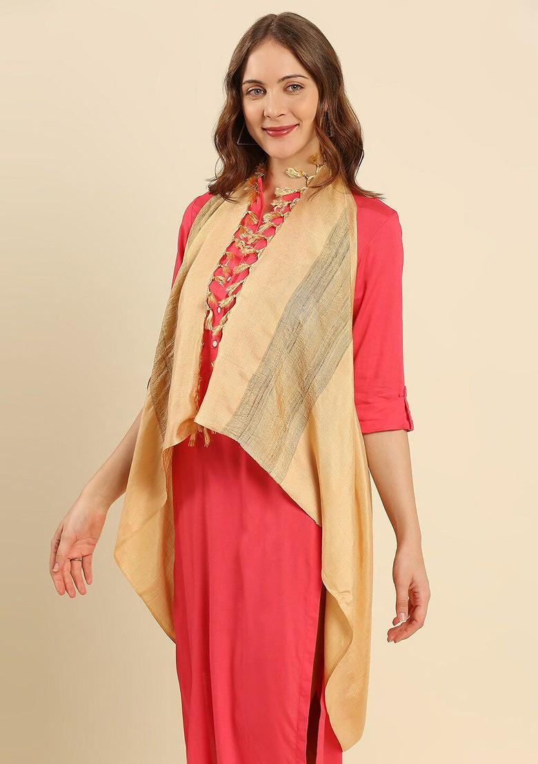 Gold Toned And Beige Woven Design Cotton Silk Dupatta