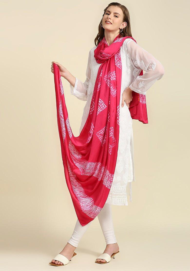 Women Pink And White Pure Silk Bandhani Dupatta