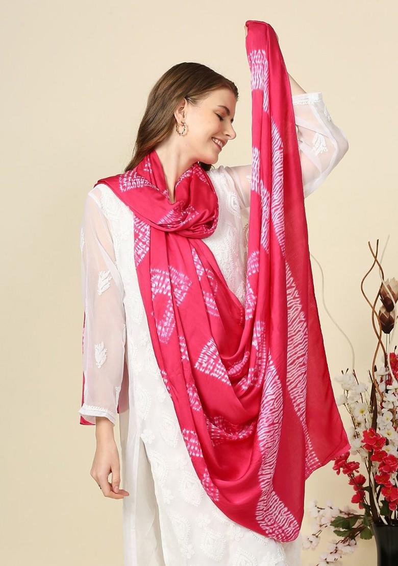 Women Pink And White Pure Silk Bandhani Dupatta
