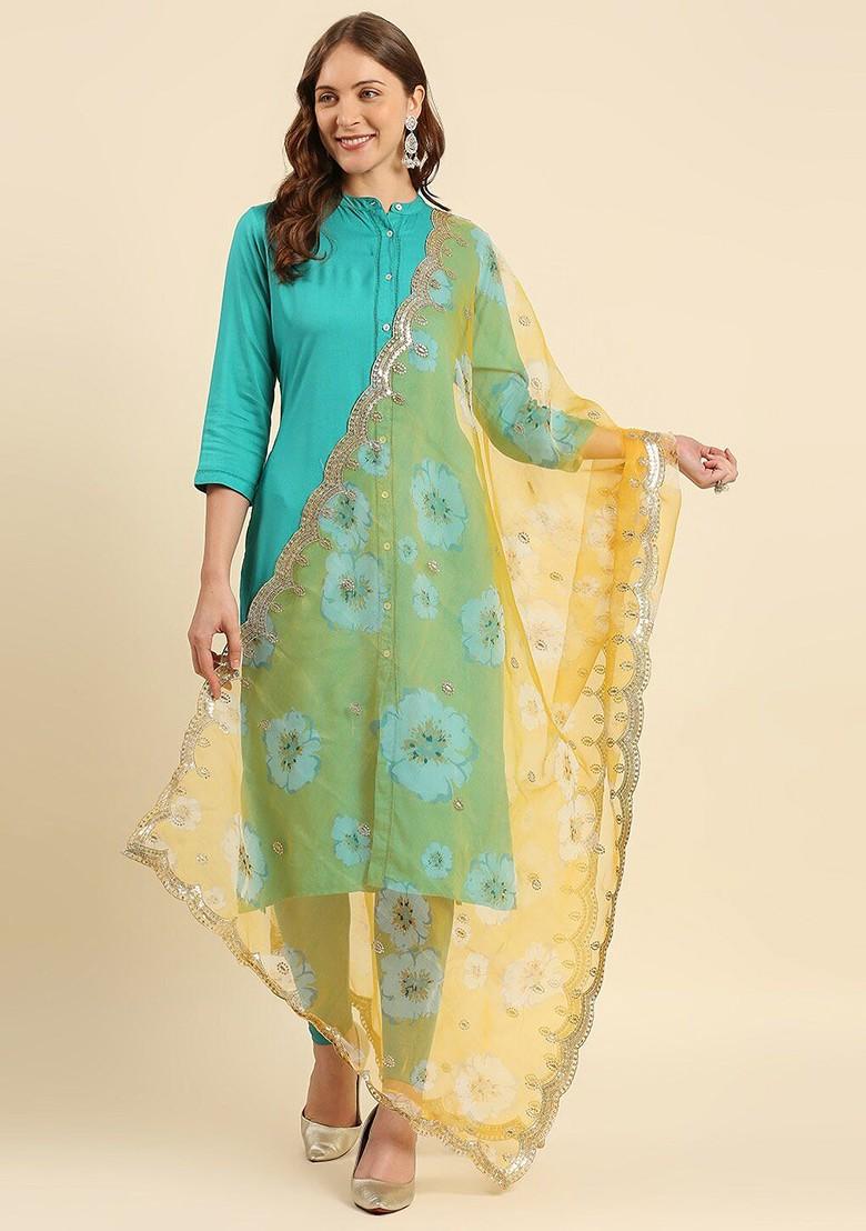 Women Yellow And White Floral Printed Organza Dupatta With Sequined Work