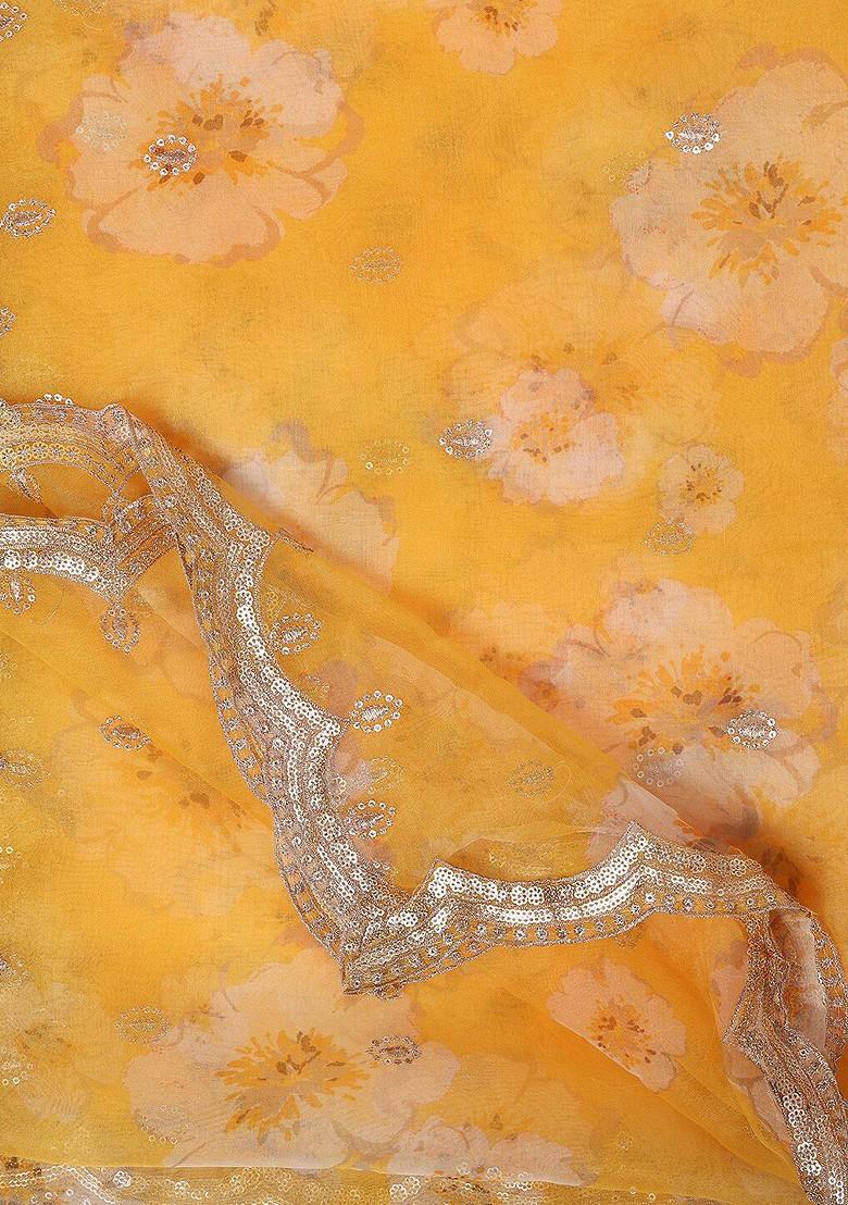 Women Yellow And White Floral Printed Organza Dupatta With Sequined Work