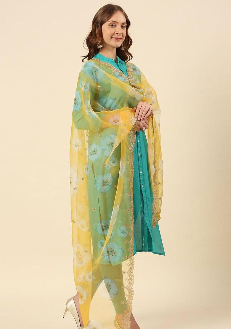 Women Yellow And White Floral Printed Organza Dupatta With Sequined Work