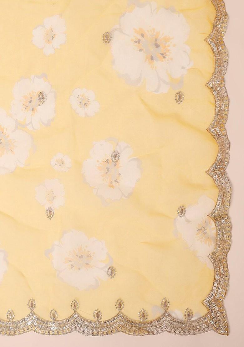Women Yellow And White Floral Printed Organza Dupatta With Sequined Work
