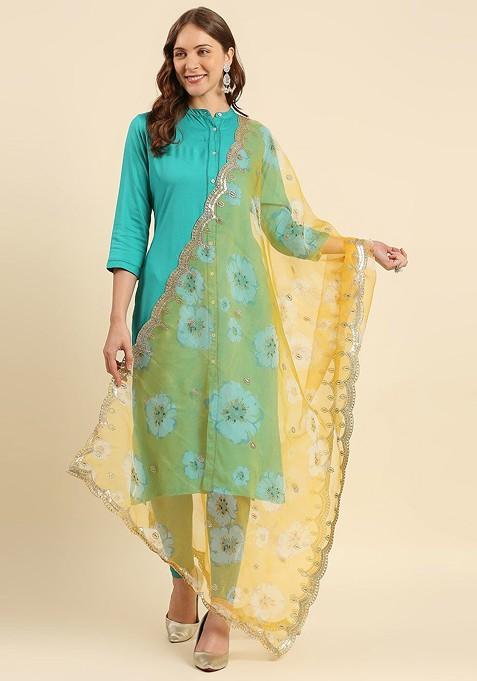 Women Yellow And White Floral Printed Organza Dupatta With Sequined Work