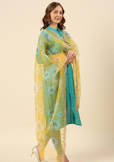 Women Yellow And White Floral Printed Organza Dupatta With Sequined Work