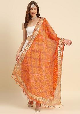 Women Orange And Yellow Printed Dupatta With Gotta Patti