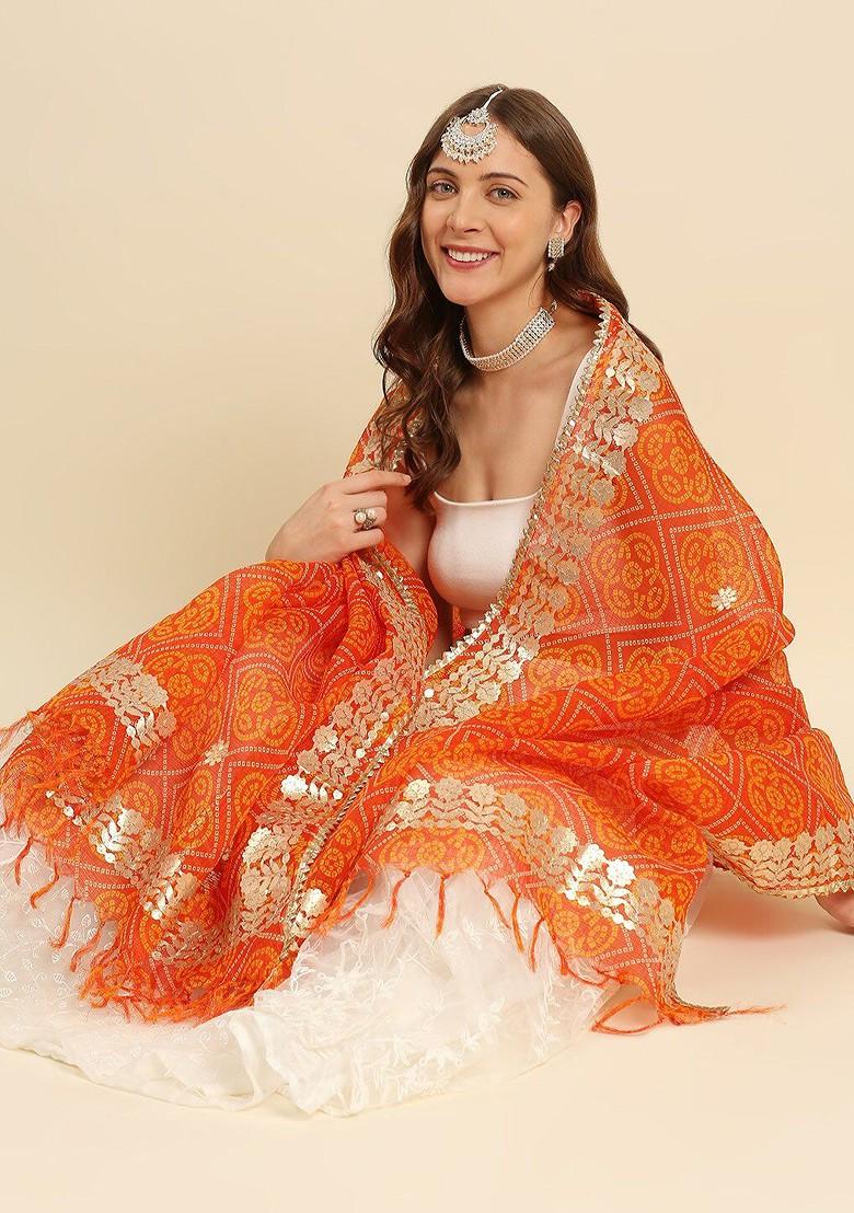 Women Orange And Yellow Printed Dupatta With Gotta Patti