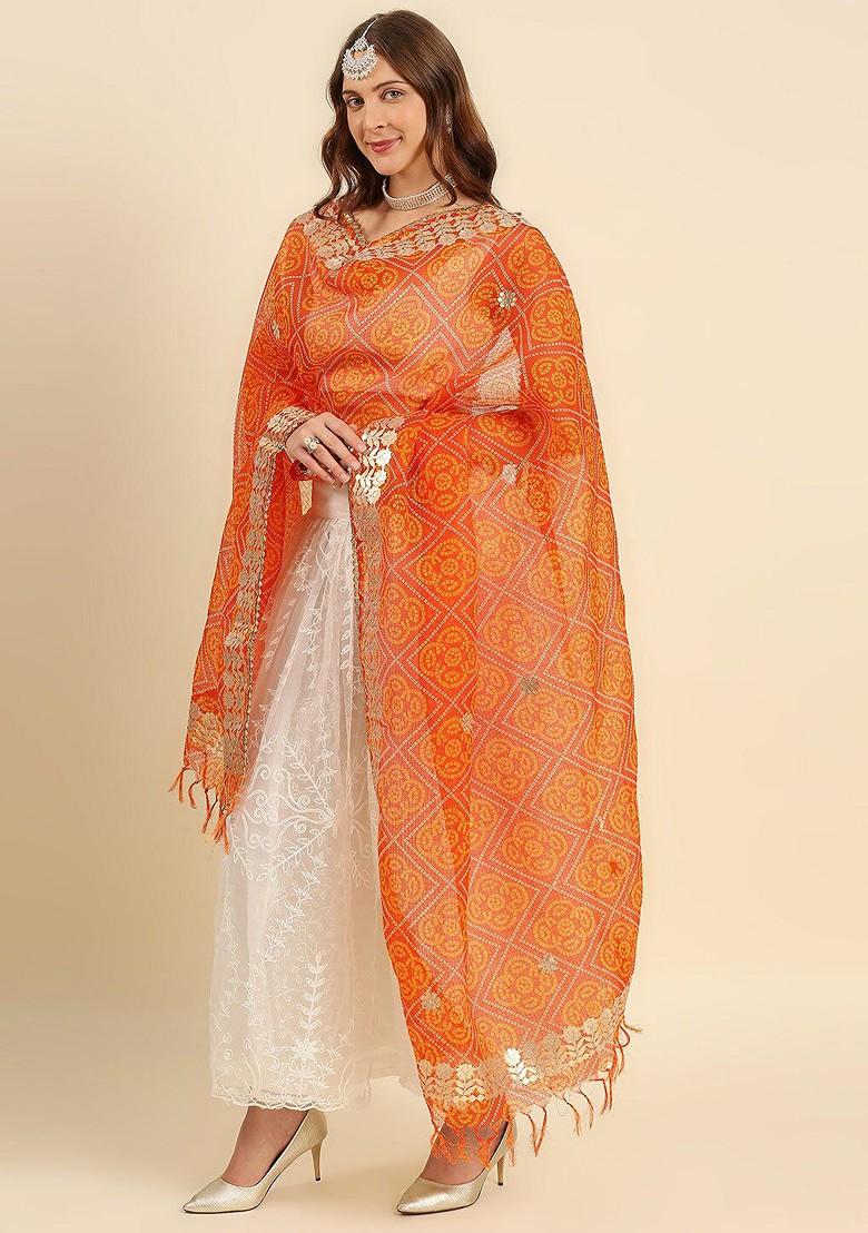 Women Orange And Yellow Printed Dupatta With Gotta Patti