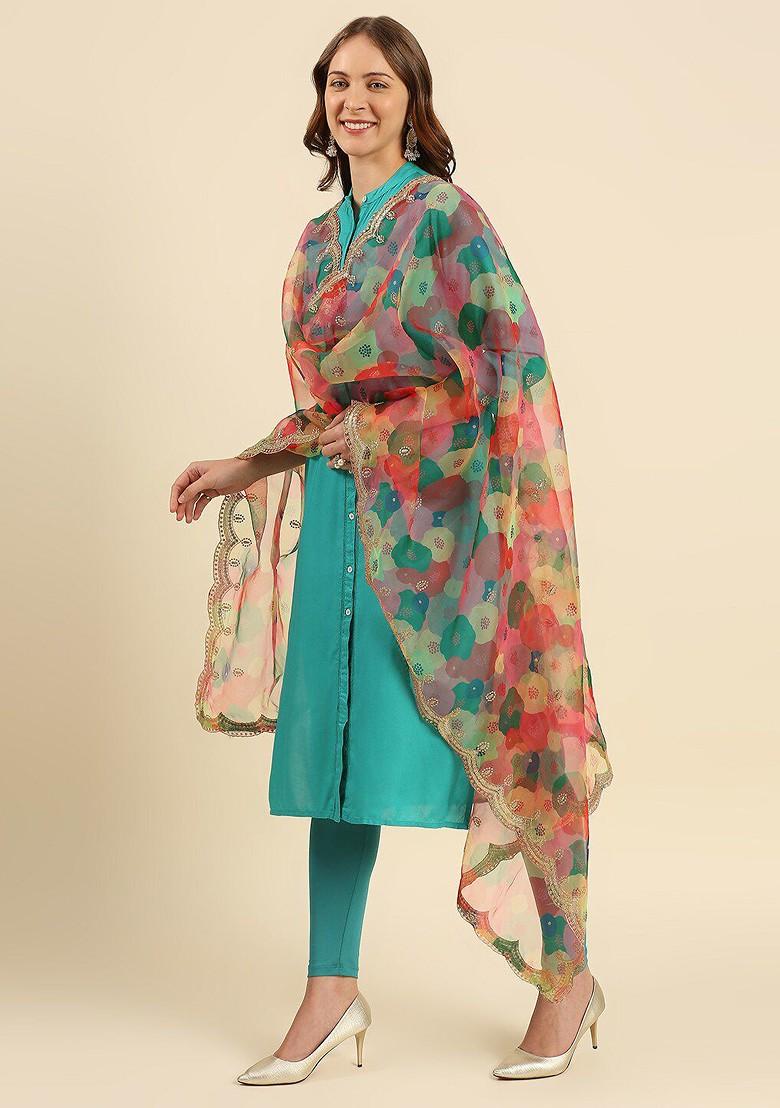 Women Pink And Green Printed Organza Dupatta With Embellished Border