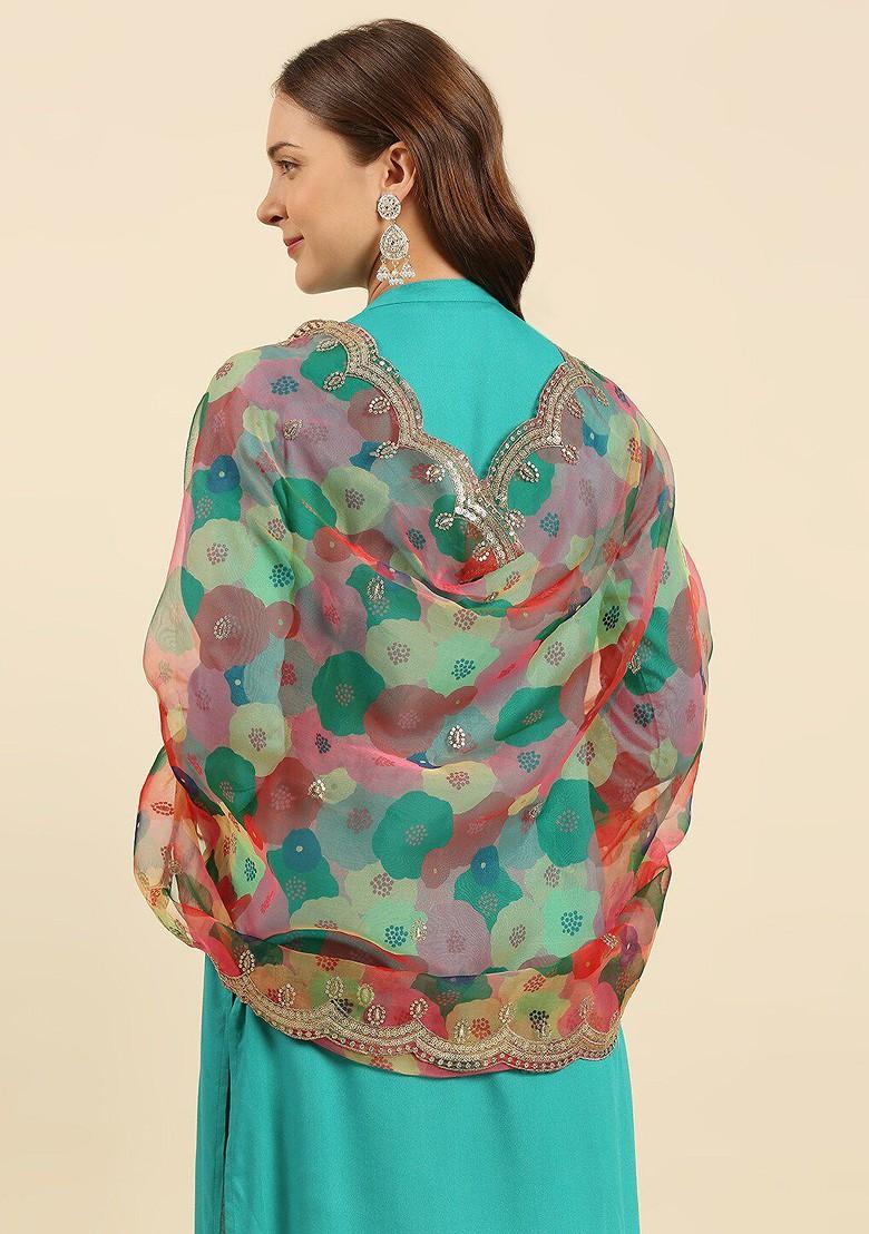 Women Pink And Green Printed Organza Dupatta With Embellished Border