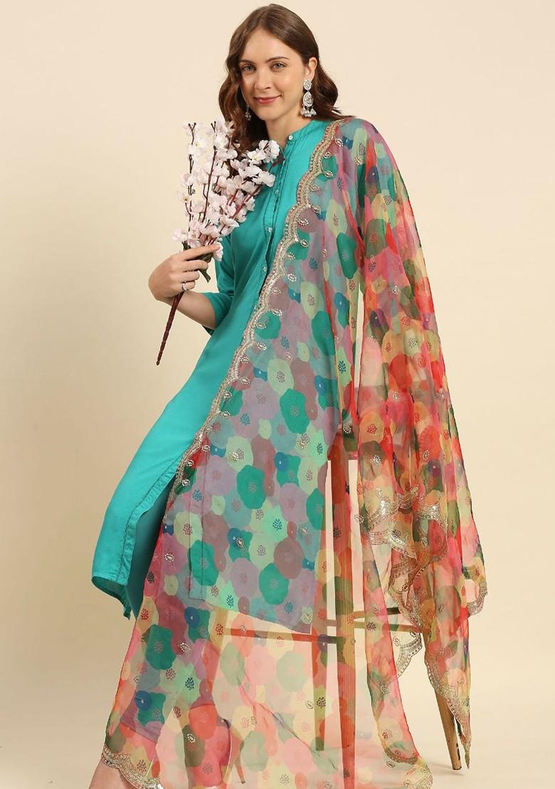 Women Pink And Green Printed Organza Dupatta With Embellished Border