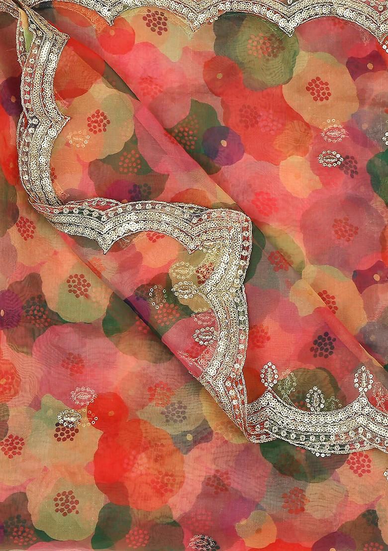 Women Pink And Green Printed Organza Dupatta With Embellished Border