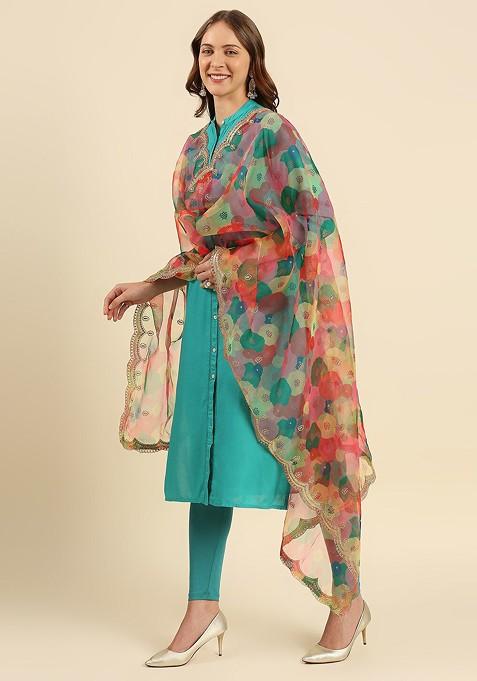 Women Pink And Green Printed Organza Dupatta With Embellished Border