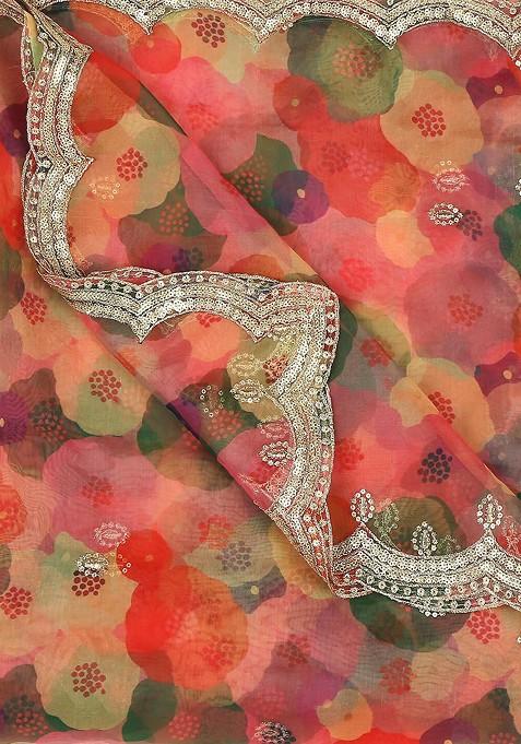 Women Pink And Green Printed Organza Dupatta With Embellished Border