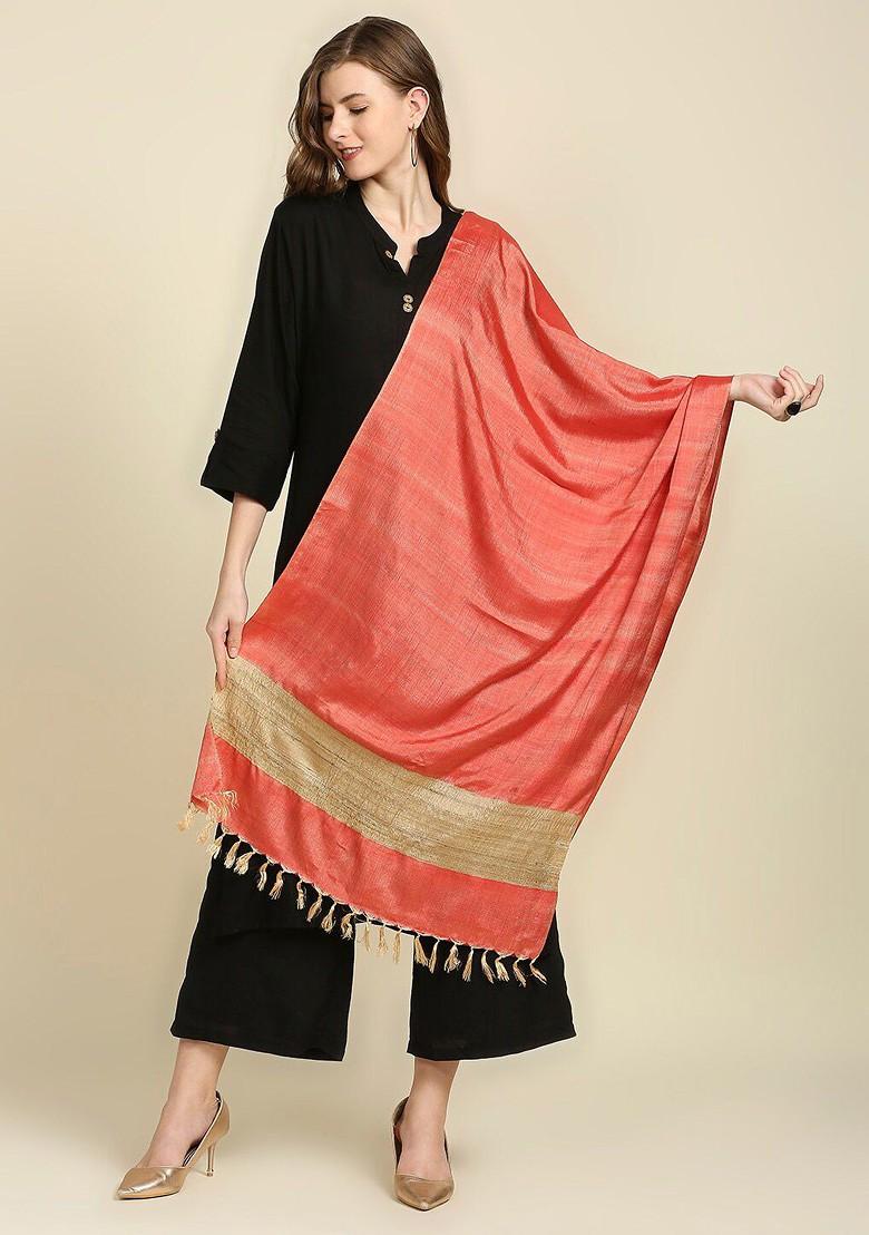 Women Coral And Beige Two Toned Cotton Silk Dupatta