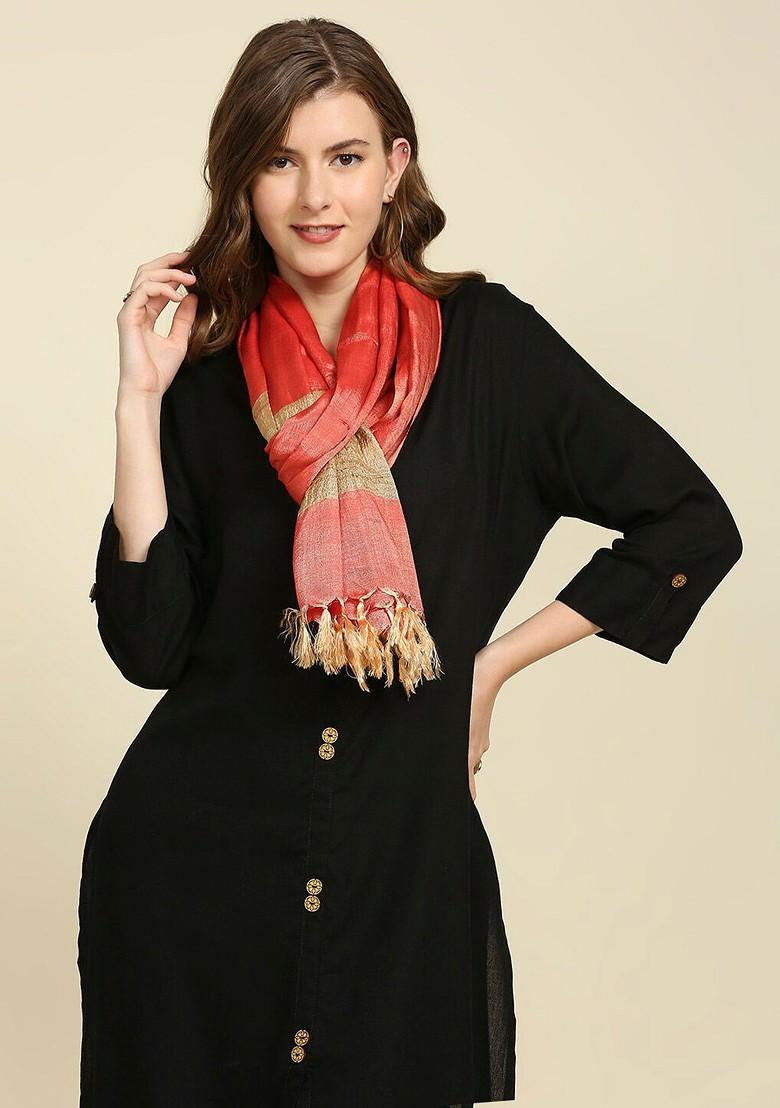 Women Coral And Beige Two Toned Cotton Silk Dupatta