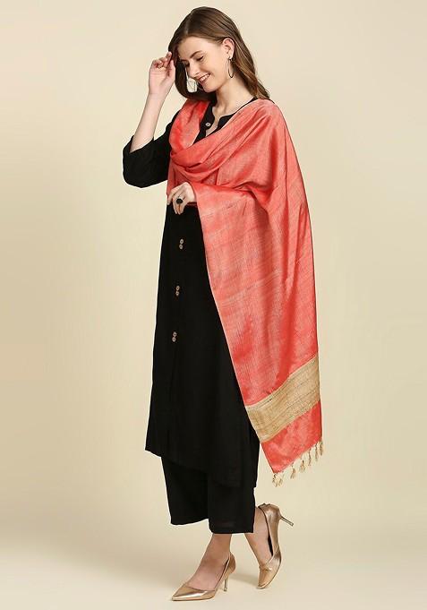Women Coral And Beige Two Toned Cotton Silk Dupatta
