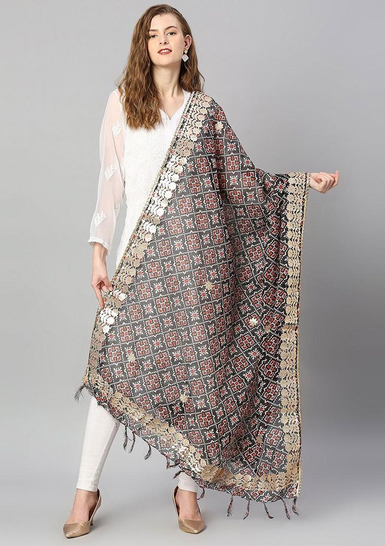 Black And Maroon Ethnic Motifs Embroidered Dupatta With Gotta Patti