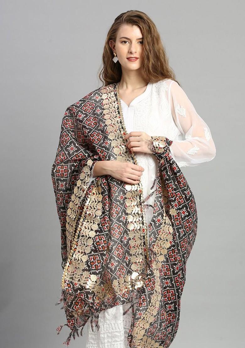 Black And Maroon Ethnic Motifs Embroidered Dupatta With Gotta Patti