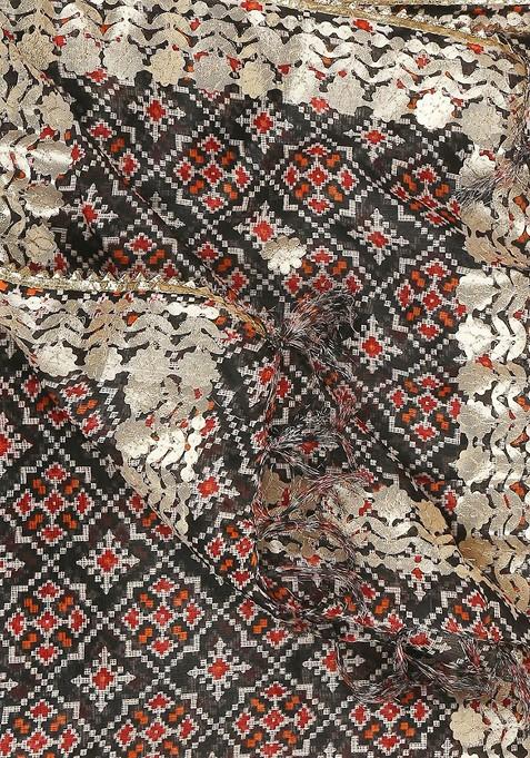 Black And Maroon Ethnic Motifs Embroidered Dupatta With Gotta Patti