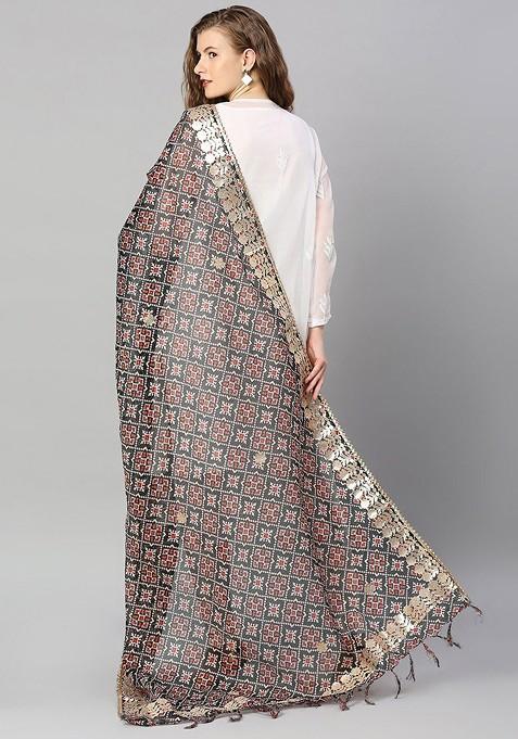 Black And Maroon Ethnic Motifs Embroidered Dupatta With Gotta Patti