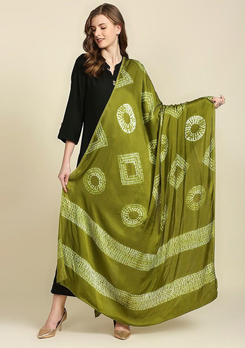 Olive Green Dyed Pure Silk Bandhani Dupatta