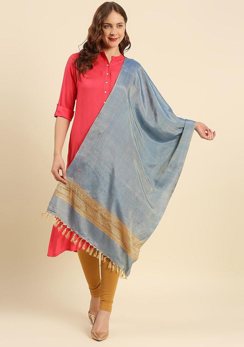 Women Blue And Beige Cotton Silk Dupatta