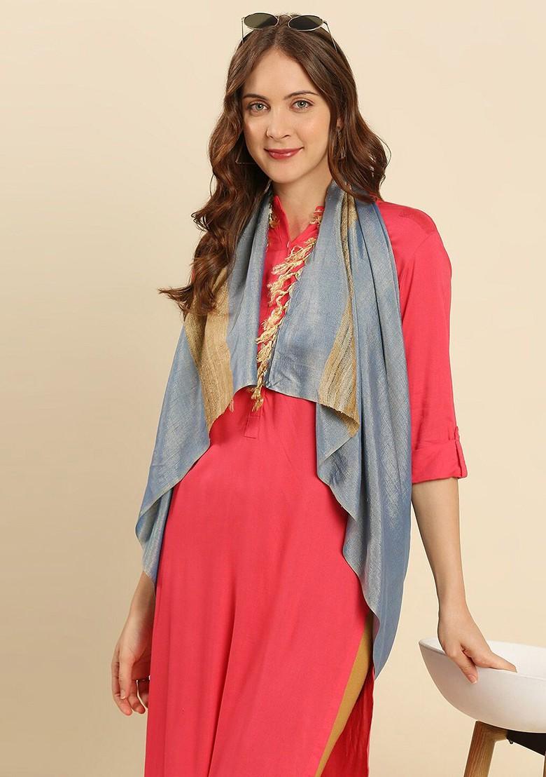 Women Blue And Beige Cotton Silk Dupatta