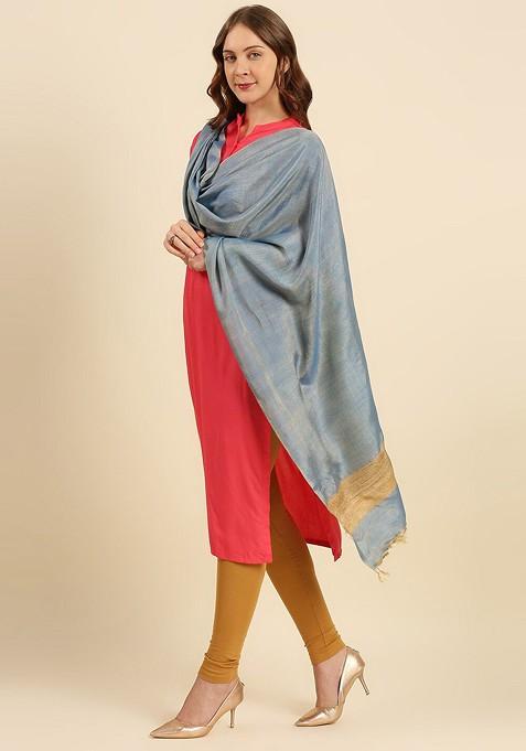 Women Blue And Beige Cotton Silk Dupatta