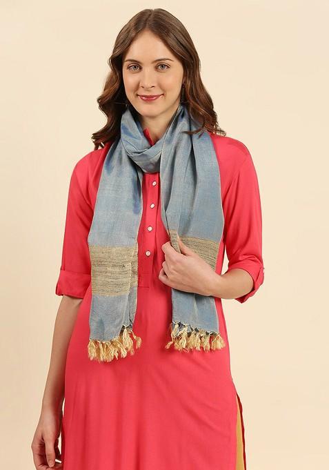 Women Blue And Beige Cotton Silk Dupatta