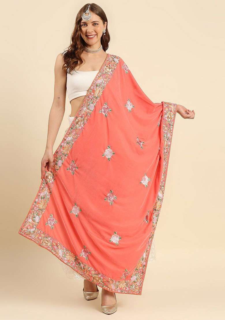 Women Coral And Green Embroidered Velvet Dupatta With Thread Work - Indya