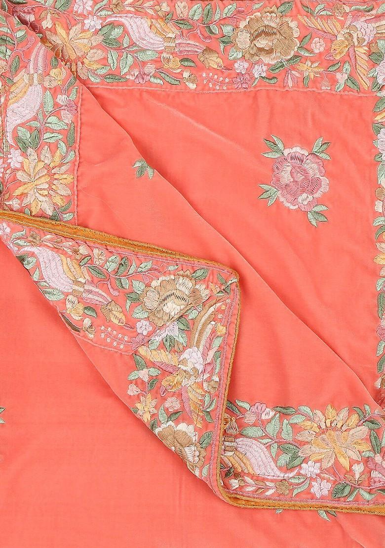 Women Coral And Green Embroidered Velvet Dupatta With Thread Work