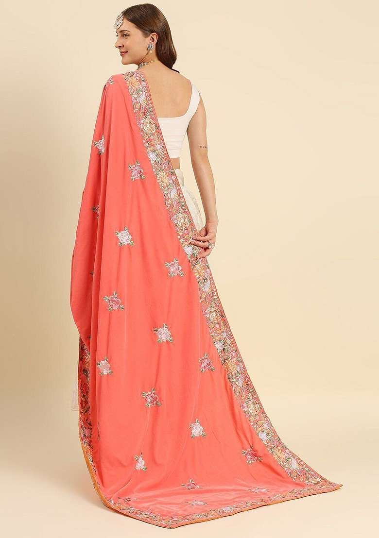 Women Coral And Green Embroidered Velvet Dupatta With Thread Work - Indya