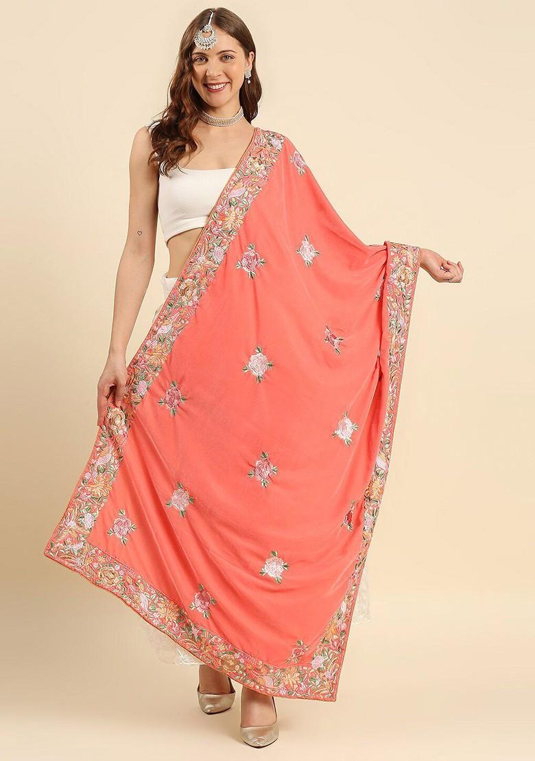 Women Coral And Green Embroidered Velvet Dupatta With Thread Work