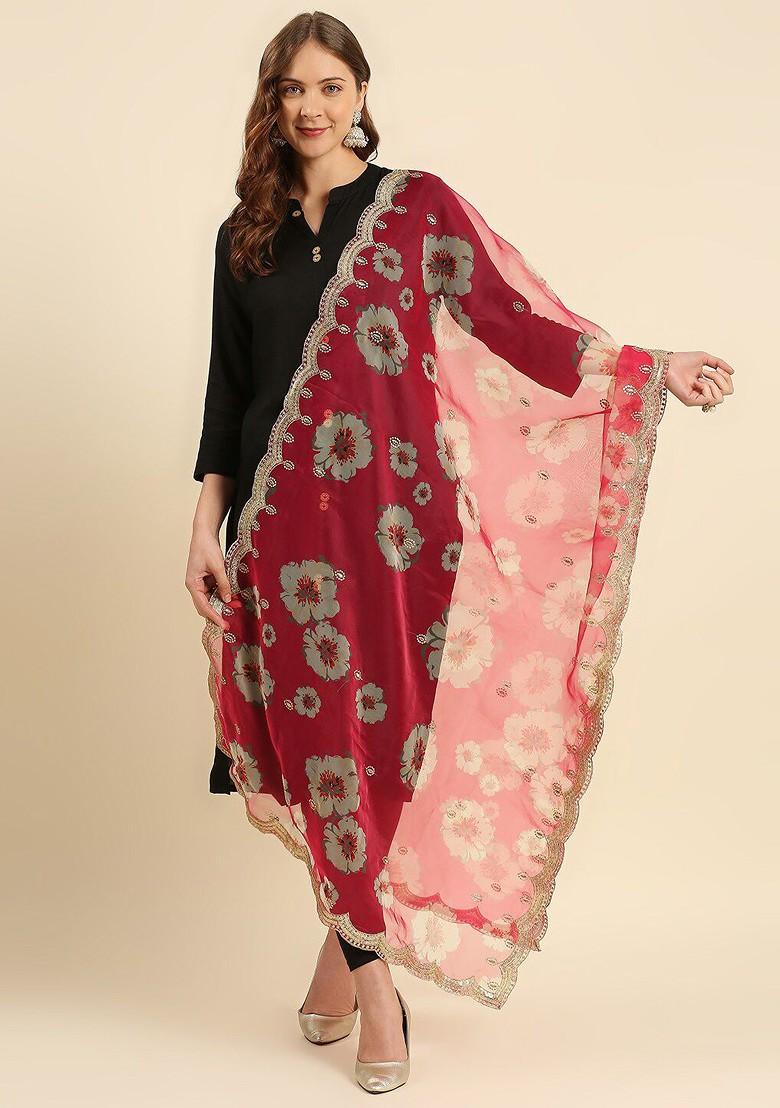 Women Pink And White Printed Organza Dupatta With Sequinned
