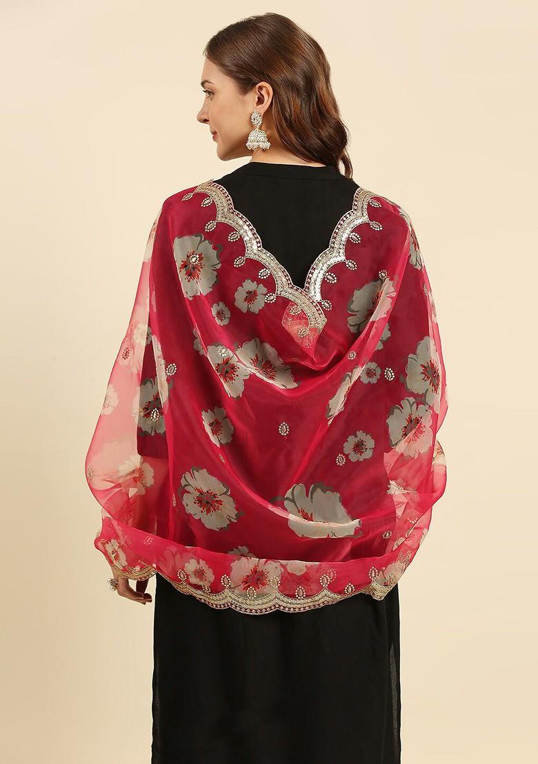 Women Pink And White Printed Organza Dupatta With Sequinned