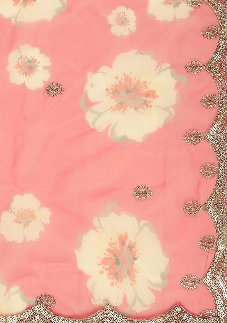 Women Pink And White Printed Organza Dupatta With Sequinned