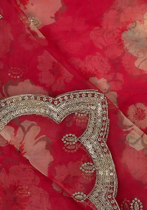 Women Pink And White Printed Organza Dupatta With Sequinned