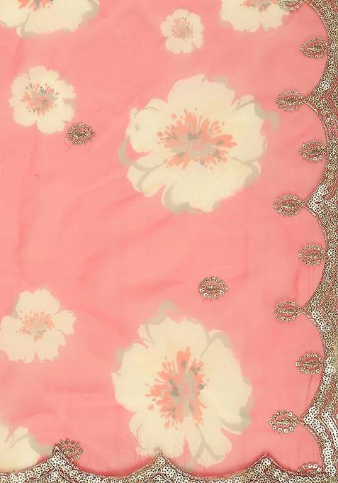Women Pink And White Printed Organza Dupatta With Sequinned